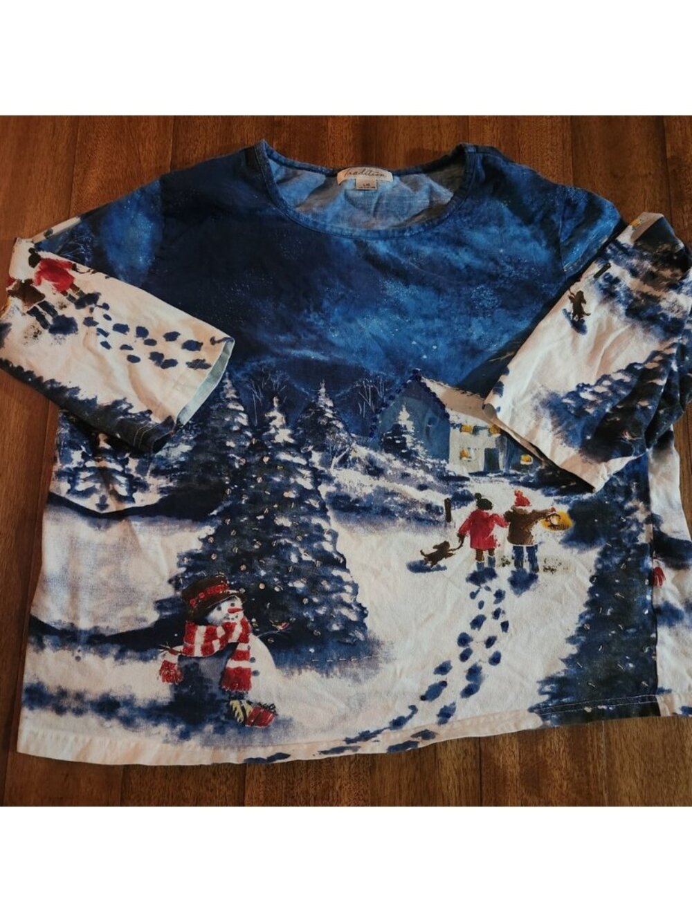 Tradition Winter Scene Snowman Christmas Trees Long Sleeve Shirt size 14‎ cotton